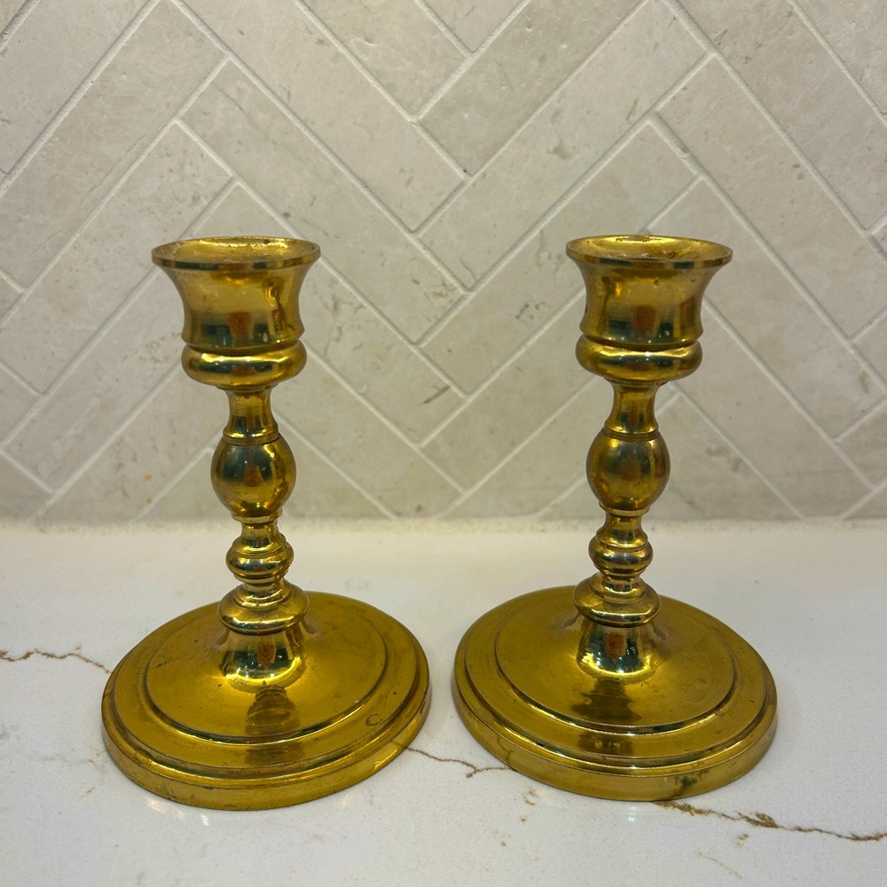 Pair Of Vintage Solid Brass Candlesticks Candle Holders, 4.75” Tall MCM Regency
